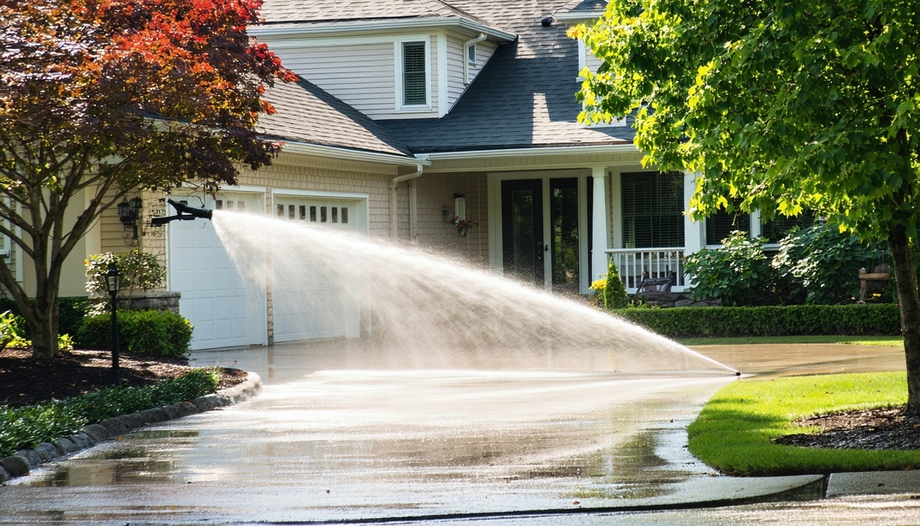 Power washing a residential driveway