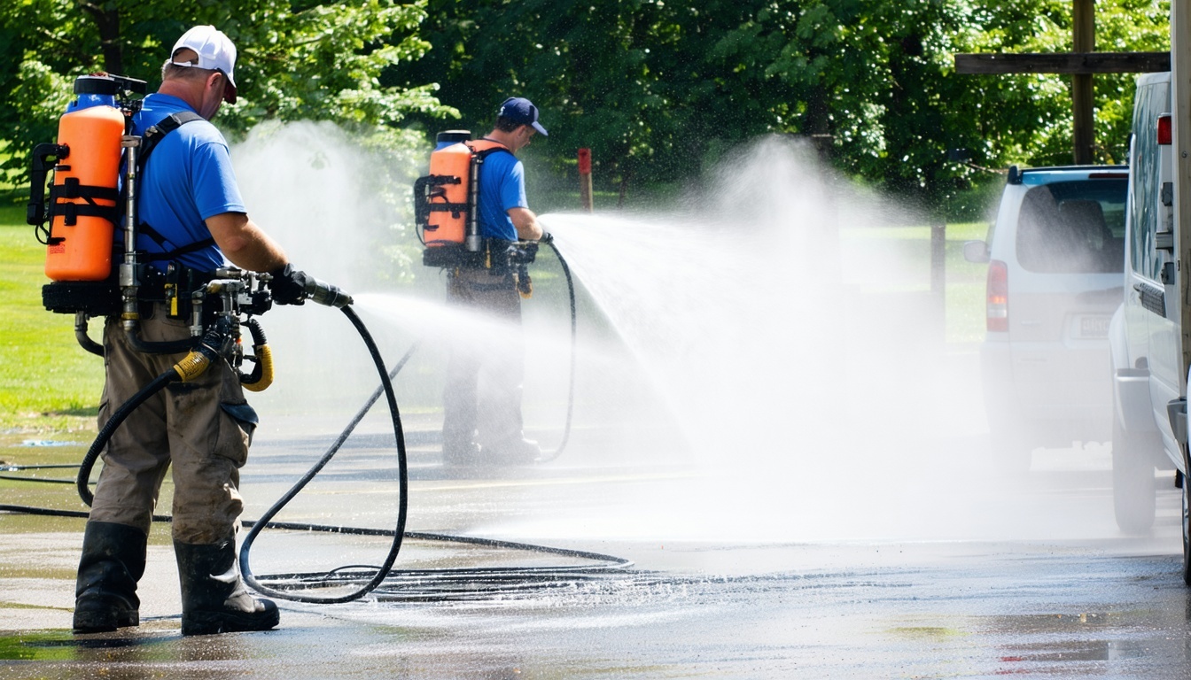 Professional power washing team at work